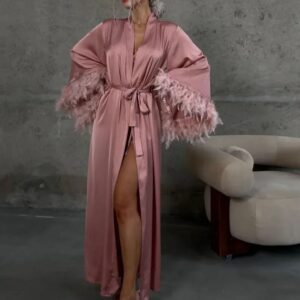 Long silk robe with feather sleeve
